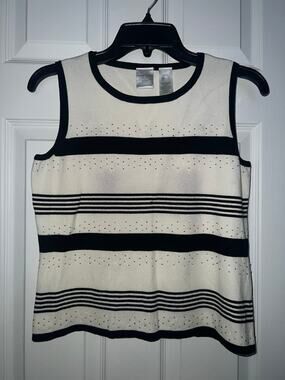Emma James Sleeveless Black & Cream Embellished Work Blouse Petite Sz L Large